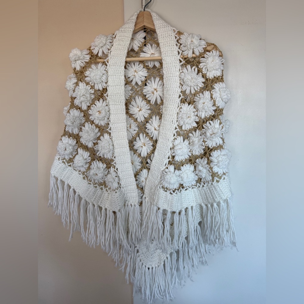 Hand crocheted shawl white and gold triangular
